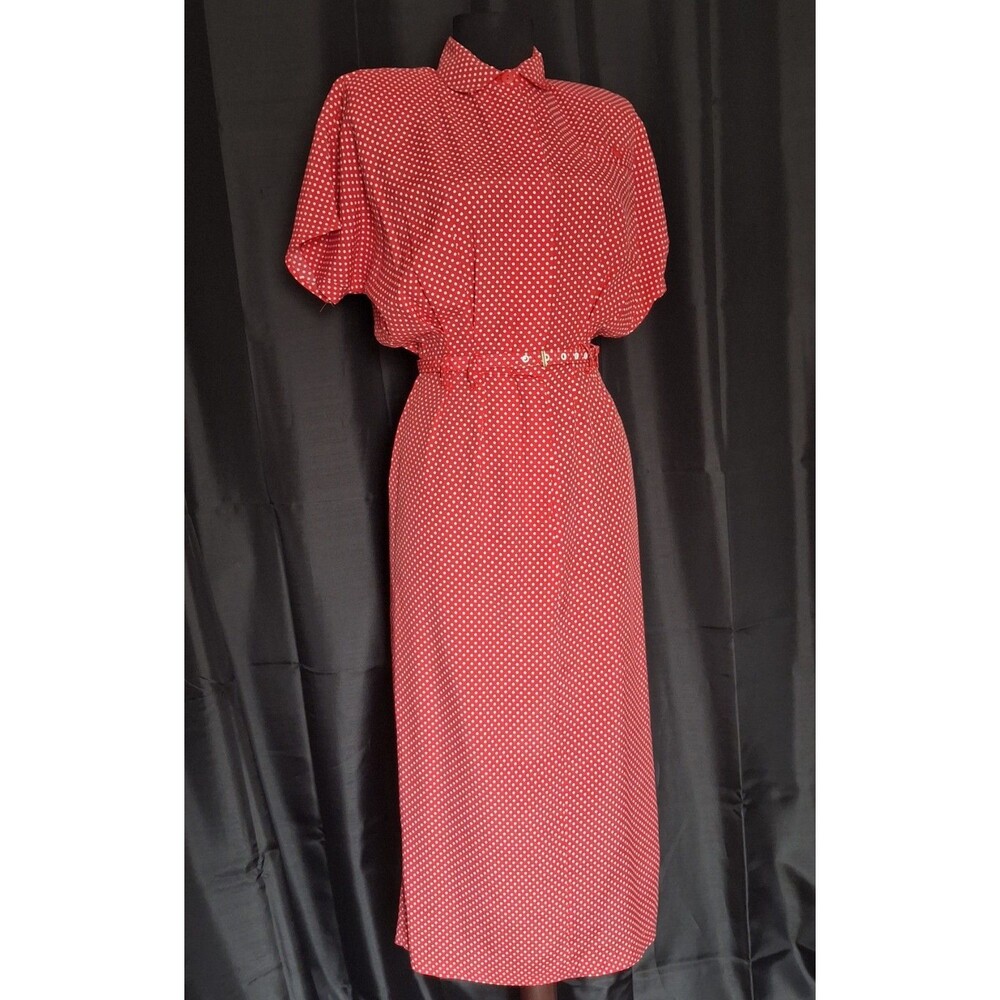 Vtg 80s red/white dotted summer belted dress straight skirt oversized top sz 5/6